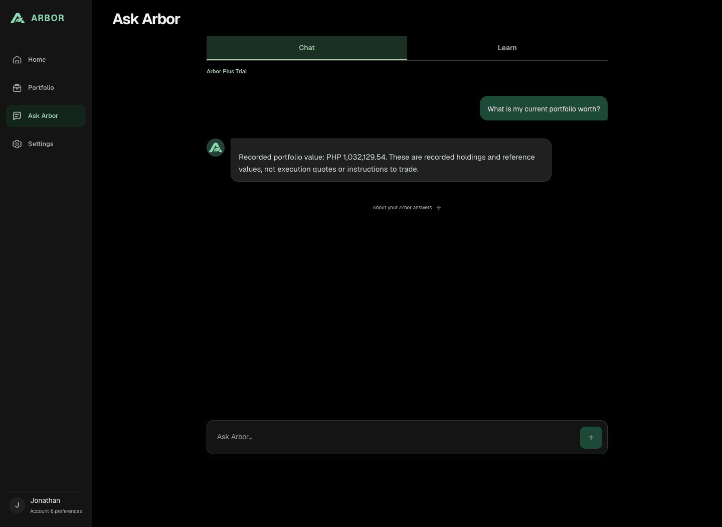 Actual Ask Arbor answer in Filipino explaining how to record a purchase: choose the investment, enter date, units and actual PHP paid, then review. Synthetic example.