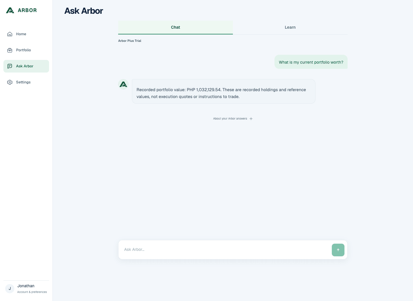 Actual Ask Arbor answer in Filipino explaining how to record a purchase: choose the investment, enter date, units and actual PHP paid, then review. Synthetic example.