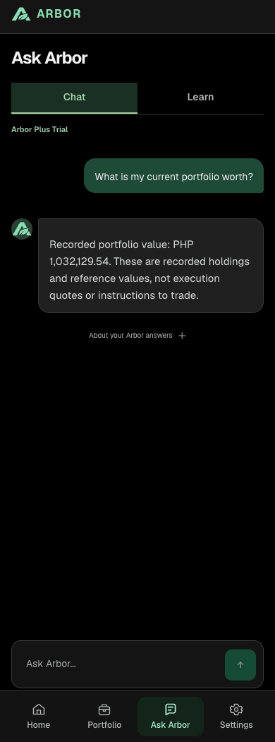 Actual Ask Arbor answer in Filipino explaining how to record a purchase: choose the investment, enter date, units and actual PHP paid, then review. Synthetic example.