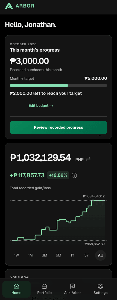 Local Arbor Home on mobile: one next step at the top, with synthetic portfolio history, goal and monthly progress.