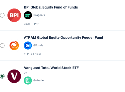 Actual Ways to invest picker: supported Global Equity investments and their providers. Options are not ranked. Synthetic example.